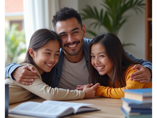 Familia chilena, padre, madre y dos hijos sonriendo y abrazándose, con libros y un dispositivo móvil.