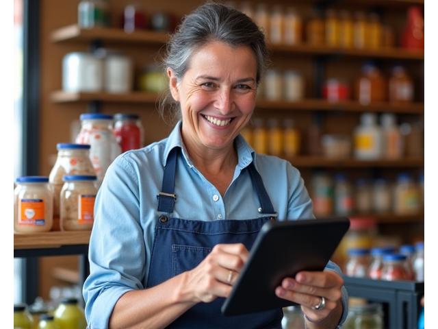 Dueño de almacén de barrio sonriendo, usando una tablet con pagos digitales.