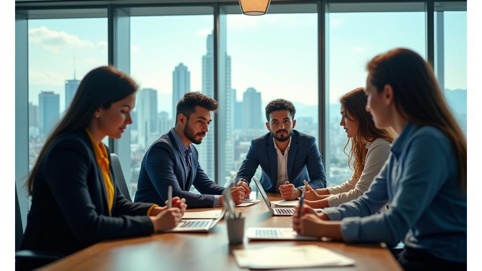 Jóvenes profesionales chilenos trabajando juntos en un ambiente colaborativo y moderno, simbolizando innovación y compromiso social.