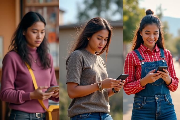 Un grupo diverso de personas, incluyendo un agricultor y una artesana, usando teléfonos inteligentes para acceder a servicios financieros, representando la expansión a diferentes comunidades.