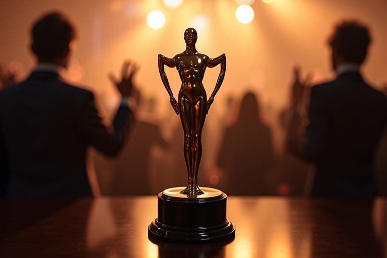 Un galardón de reconocimiento brillando sobre un fondo difuminado de personas celebrando, simbolizando el 'Premio a la Innovación en FinTech Social' de Inclusión Activa.